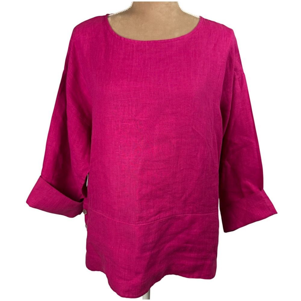 Bryn Walker 100% Linen Top 3/4 Sleeve Pink Made In USA Vibrant Lagenlook Sz S